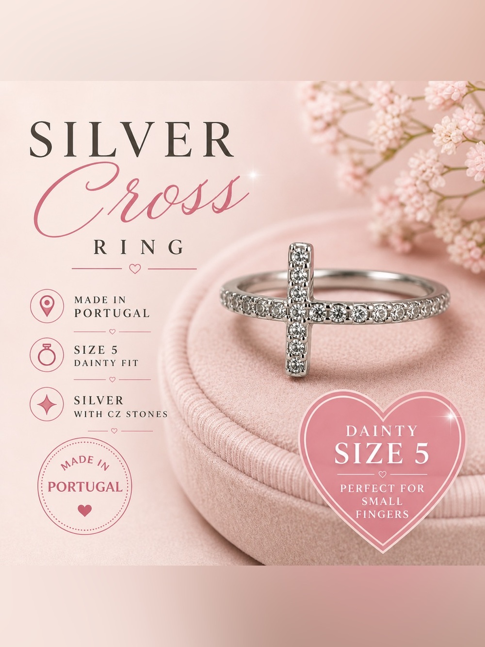 Silver CZ Cross Ring | Portugal | Size 5 | Dainty Sparkle